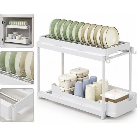 1 Pièce Support de Rangement de Cuisine à Double Étage Blanc, 38.5×15.5×6 cm, avec Crochets, pour Vaisselle (1/5)