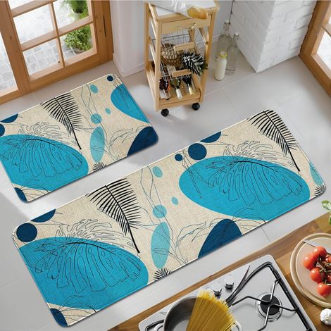 Lot de 2 tapis de cuisine antidérapants, lavables et antitaches (43 x 76 cm et 43 x 119 cm), bleus