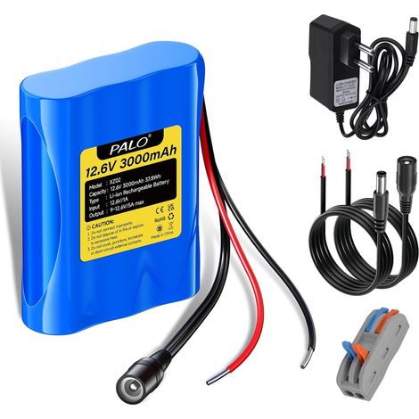 Batterie Lithium-ION 12,6 V 3000 mAh avec Chargeur et 2 Lignes de Connexion pour Panneau Solaire, Radio, appareils Photo, caméscopes, Orgue électronique, Lampe de Lecture DIY, Sonar (1/5)