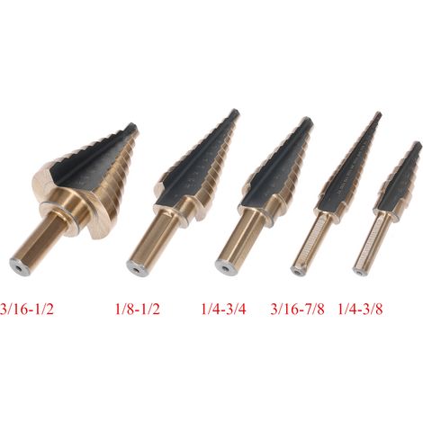 Coffret de 5 forets étagés en acier rapide 4241, queue ronde, type pagode, avec boîte de rangement pour pièces à usiner. (1/2)