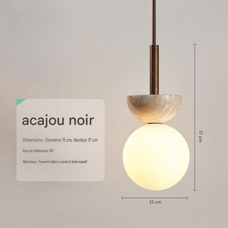 Suspension O noyer, pierre travertin, douille G9 220V, LED chaud