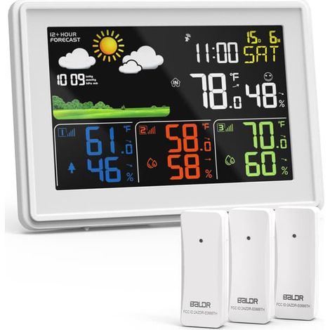 Station météo radio avec 3 capteurs externes - Thermomètre numérique - Hygromètre - Indicateur d'humidité avec prévisions météo - Blanche (1/5)