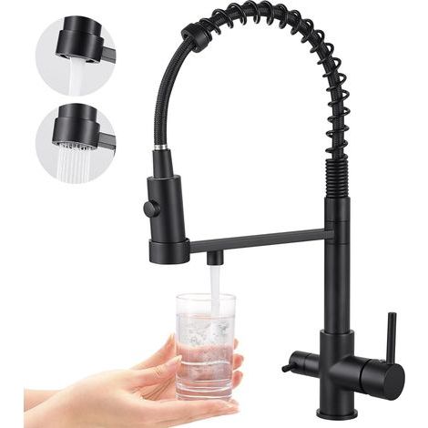 Robinet de cuisine à trois voies, robinet de cuisine extractible, robinet d'évier en laiton, robinet mitigeur à filtre à eau 3 en 1 (noir mat) (1/5)