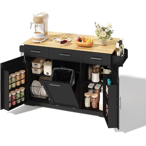Desserte de Cuisine avec 3 Tiroirs, 2 Rangements de Porte, Poubelle, Prises et Roulettes, en MDF, Noir et Naturel (1/5)