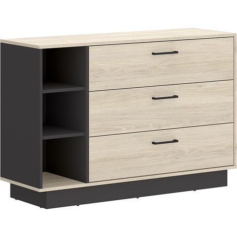 Vente-Unique – Commode 3 tiroirs et 3 niches – Coloris naturel clair et gris anthracite – Panneau de particules mélaminé – Dimensions 118.5x80x40cm