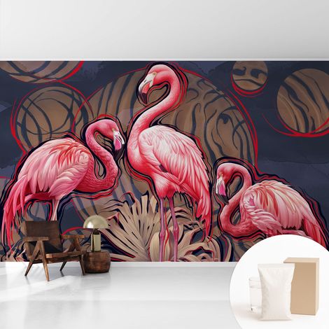 Tapete Vliestapete mit Kleber - Wanddekoration Wohnzimmer - Tapete Schlafzimmer Rosa Flamingos 416x254 cm (1/5)
