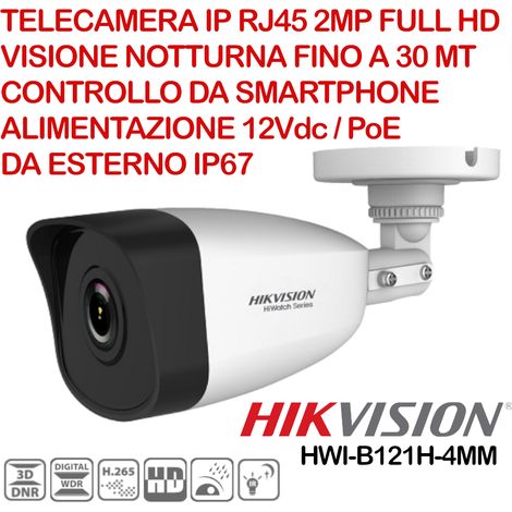 Telecamera IP Bullet 1080P 2MP Ottica Fissa 4mm H.265+ PoE OSD IP67 HiWatch HWI-B121H (1/3)