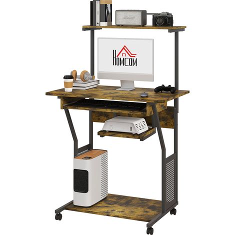 Bureau d'ordinateur roulant avec étagères de rangement, poste de travail et plateau pour clavier, 80x50x130cm, marron, rangement design, salon et bureau (1/5)