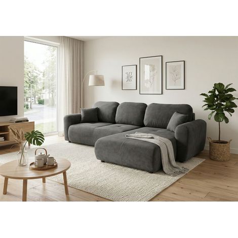 Ecksofa mit Schlaffunktion BRUSK MAX in Stoff Kronos Dunkelgrau Ottomane Rechts (1/5)