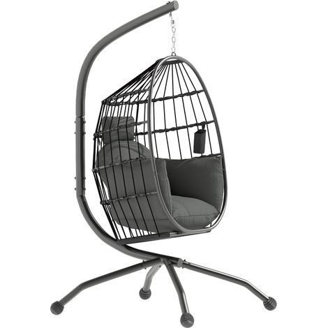 Fauteuil suspendu, fauteuil oeuf suspendu panier pliable, coussin rembourré, porte-gobelet, 120x88x192cm, gris foncé
