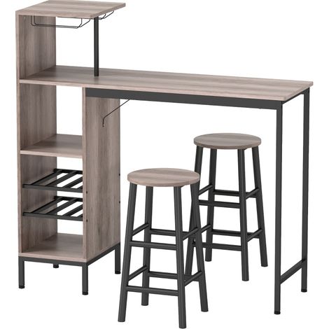 Set de mesa de bar 3 piezas con almacenamiento, botellero y portavasos, gris (1/5)