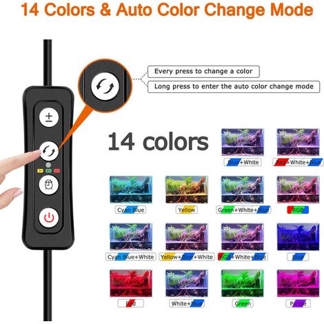 Éclairage LED pour Aquarium Lampe Réglable avec Minuteur 14 Couleurs et Luminosité Variable pour Plantes Aquatiques et Poissons
