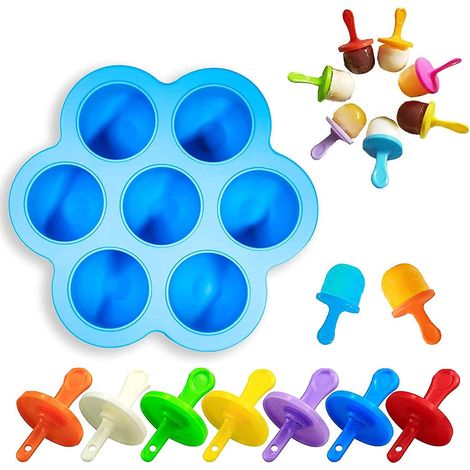 mini Moule Popsicle En Silicone Pour Enfants 7 Compartiments Moule Popsicle Pour Machine Crme Glace (bleu), Moule Popsicle Pour Bb Avec Btons (1/5)