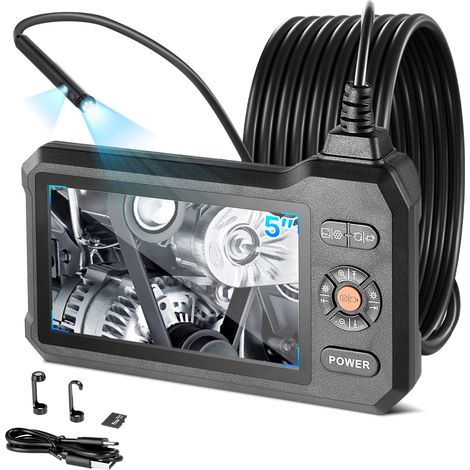 VEVOR Endoscopio de Doble Cámara, Cámara de Inspección con Pantalla IPS, Sonda de 5,5 mm, Batería 3000 mAh, Cable de 5 m, 32 GB, Luces LED, Zoom 8X para Motores, HVAC, Tuberías, Automoción, Fontanería (1/5)