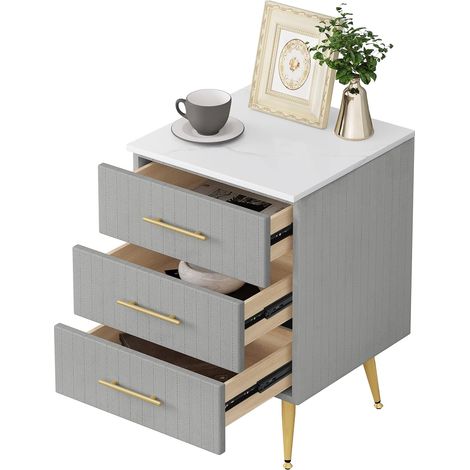 WOLTU Mesita de Noche con 3 Cajones Mesilla Auxiliar Sofá Mueble con Espacio de Almacenamiento Mesa de Café 40.5x41x60cm Blanco Gris Terciopelo MDF