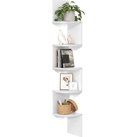 Étagère d’angle murale blanche à 5 niveaux, rangement vertical peu encombrant, bibliothèque d’angle pour salon, chambre, bureau et cuisine (1/5)