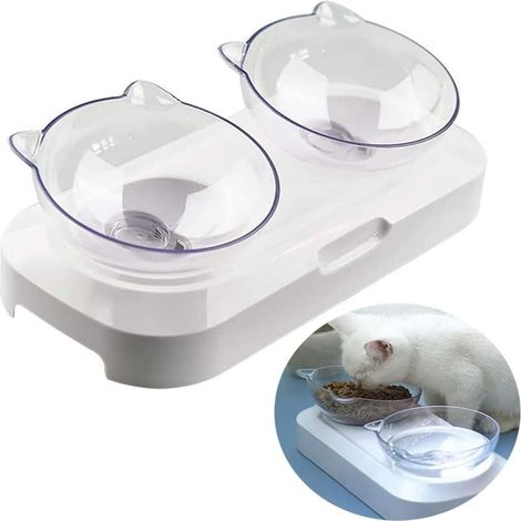 Double Chat Bol élevé Stand Nourriture pour Animaux Bols d'eau pour Chien Chiot Transparent Non-déversement 0/15 degrés réglable Polyvalent Durable élévateur élevé (1/5)