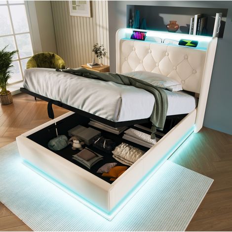 Bett mit Stauraum PU weiß 90x200 cm, LED-Beleuchtung, USB-C, inklusive Lattenrost (1/5)