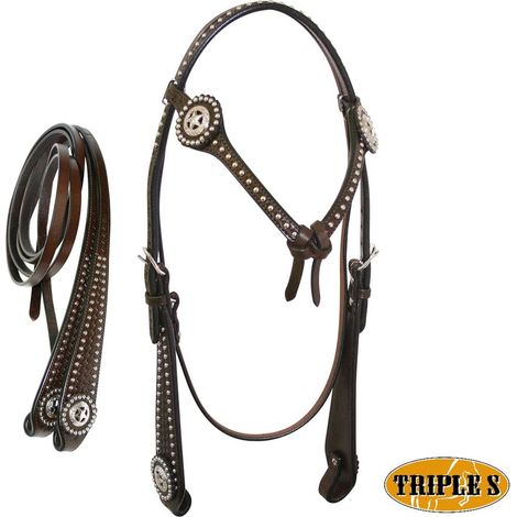 ROSSICCIO - Briglia western per cavalli finitura basket frontalino con fiocco e concho con stella e pins in metallo