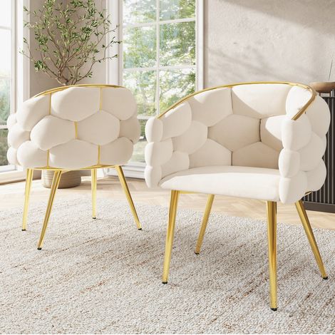 Esszimmerstuhl aus Samt in Beige, goldfarbene Metallbeine, ergonomisch, 44 x 41 x 74 cm (1/5)