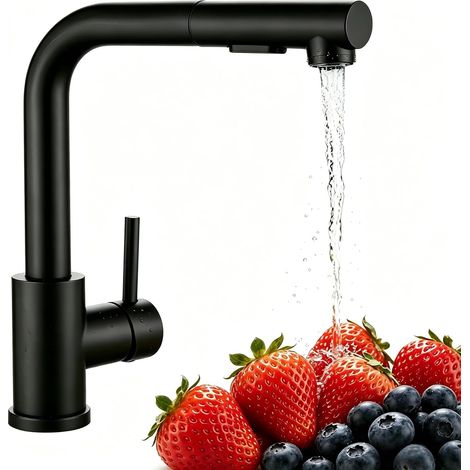 Robinet de cuisine, mitigeur extractible avec haute pression, mitigeur d’évier de cuisine avec douchette, 2 types de jets d’eau, mitigeur cuisine en acier inoxydable, pivotant à 360° (1/4)