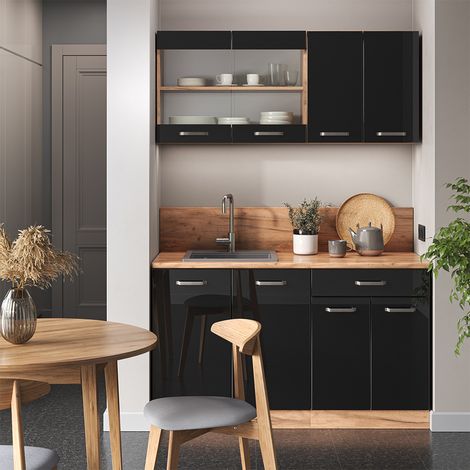 Cucina monoblocco R-Line, Rovere nero/oro lucido, 140 cm senza piano di lavoro, Vicco
