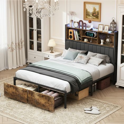 Lit 140x200 avec 2 tiroirs, tête de lit ouverte avec rangement, deux ports USB, éclairage LED, sommier à lattes, structure en métal - Noir (1/5)