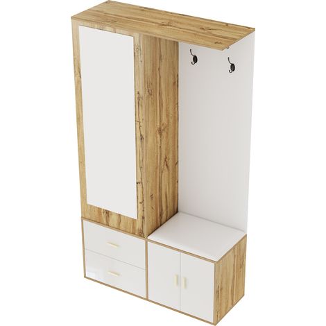 Garderobe mit Spiegel, Schuhbank, Schuhschrank und Ausziehbarer Kleiderstange, 2 Haken, Modern, aus Spanplatte, 100×38×180 cm, Weiß Natur (1/5)