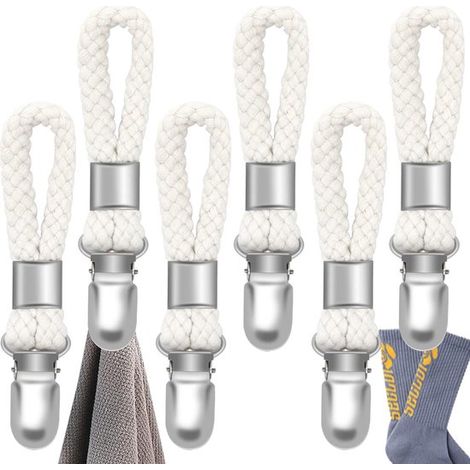 6 ganchos para toallas - Lazo de algodón trenzado con abrazadera metálica - Soporte para toallas color marfil - Apto para cocina y baño (1/5)
