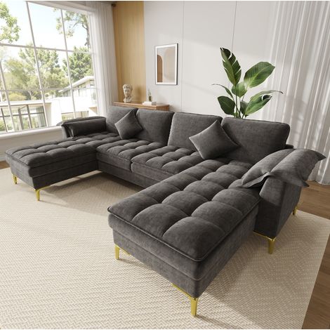 Sofá esquinero en forma de U de 262x134 cm, de 4 a 5 plazas, con 2 chaise longues, 2 cojines, tejido de chenilla gris, patas metálicas. (1/5)