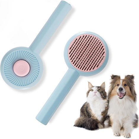 Bleu Peigne pour chats et chiens avec fonction de nettoyage automatique, destiné à enlever les poils sous jacents et les poils enchevêtrés, pour la coiffure des animaux de compagnie. (1/5)