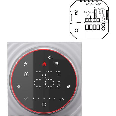 Thermostat intelligent pour maison, commande vocale via application, programmable, haute précision, à contact sec, mural, Wi-Fi, pour chaudière et chauffage AC 95 V à 240 V, noir