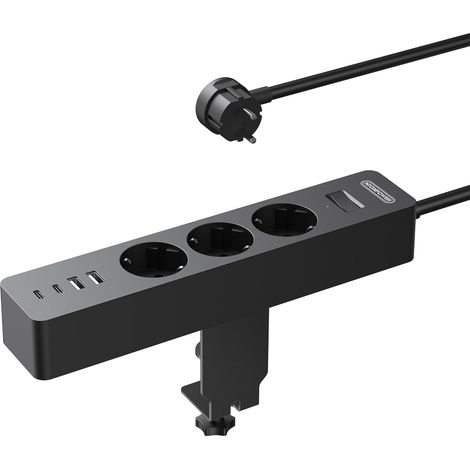 Multiprise de Bureau avec Interrupteur, Fiche Plate 3 Prises avec USB-C, Câble de 2 M, 2500 W, Multiprise Electrique de Table pour Bureau, la Maison, Noir (1/5)