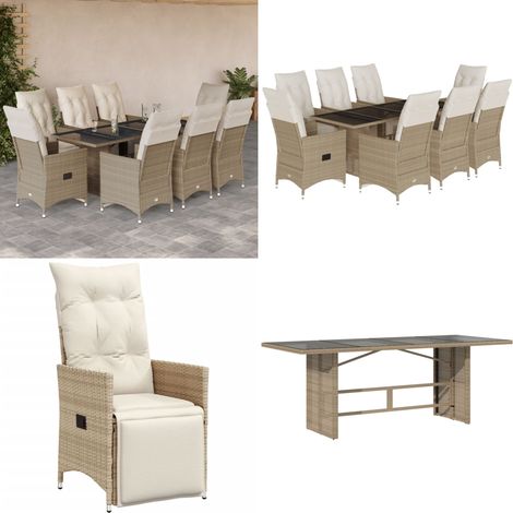 Ensemble de bistro de jardin 9 pcs coussins beige poly rotin - Meubles De Jardin - Salon De Jardin - Set De Bistro - Fauteuil Inclinable - Résine Tressée - Home & Living (1/5)
