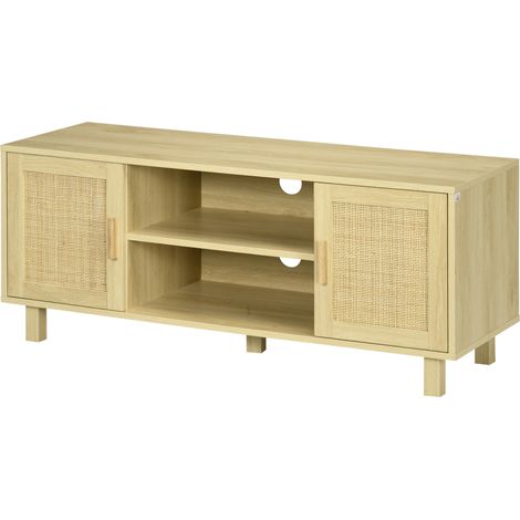 Meuble TV Meuble TV Banc TV 2 niches 2 placards Porte cannage en rotin dim. 115L x 40l x 48H cm MDF Aspect Bois Clair (1/5)
