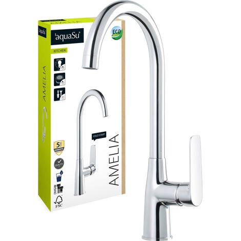 798150 Robinet d'évier avec buse de mitigeur économiseur d'eau, position eau froide économique, bec haut, cartouche en céramique, fixation de tige, noyau en laiton, chromé (1/5)
