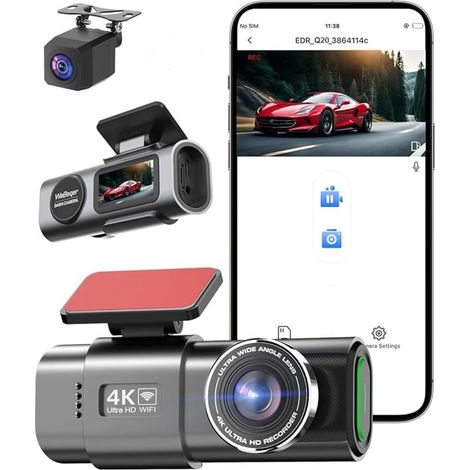 Caméra Embarquée WiFi Avant Arrière 4K+1080P,Dashcam avec Carte SD 128 G, Contrôle par Application,Vision Nocturne, Capteur G, Enregistrement en Boucle, WDR (1/4)