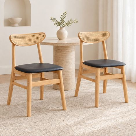 Set 2 sedie da sala da pranzo in legno con schienale in rattan e seduta imbottita OKMYHOME (1/5)