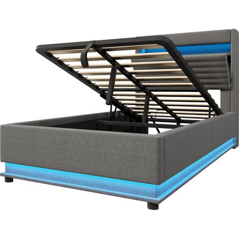 Letto contenitore 90x200 cm in lino grigio con USB-C, LED e sollevamento idraulico MODENUIT (1/5)