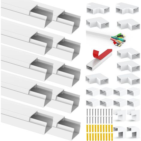 Lot de 10 goulottes de câbles Autocollantes Blanches pour TV de 0,4 m x 0,4, en PVC Cache câbles pour Tous Les câbles d'alimentation dans la Maison, Le Bureau - 24 x 14 mm (l x H) (1/5)