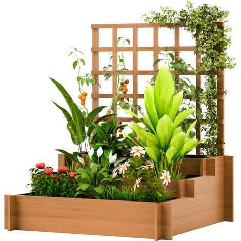Carré potager surélevé avec treillis, bac à fleurs 3 niveaux et voile de protection, bois de pin, marron, 95 x 95 x 110 cm (1/5)