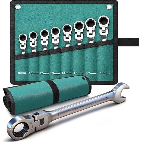 Jeu de Clés à Cliquet Articulées, 8-19 mm Clés à Cliquet Métrique, Clé Mixte Cliquet en Acier Chrome Vanadium avec Sacoche, Kit de Clés pour Réparation Auto et Vélo (1/5)
