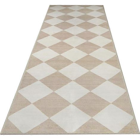 Tapis de couloir, tapis de cuisine beige ultra fin, lavable et antidérapant, motif à carreaux marocains (1/5)