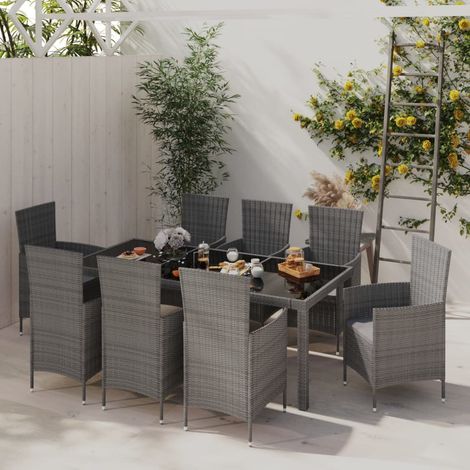 Set de comedor de jardín 9 pzas y cojines ratán sintético gris vidaXL