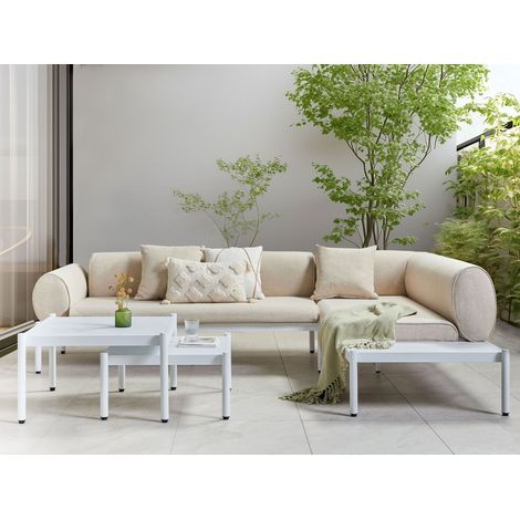 Sofá esquinero de exterior moderno de 4 piezas con mesa de centro y mesa auxiliar cojines beige Rasiglia (1/5)