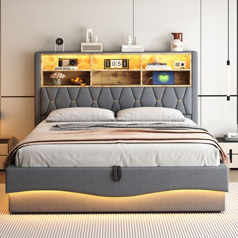 Bett 180 x 200 cm mit Stauraum, LED-App, USB und hydraulischem Bettkasten grau HAVRYA (1/5)