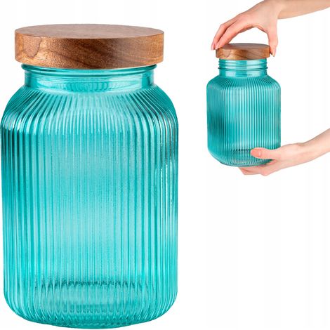Barattolo in vetro con coperchio in legno / turchese 2L