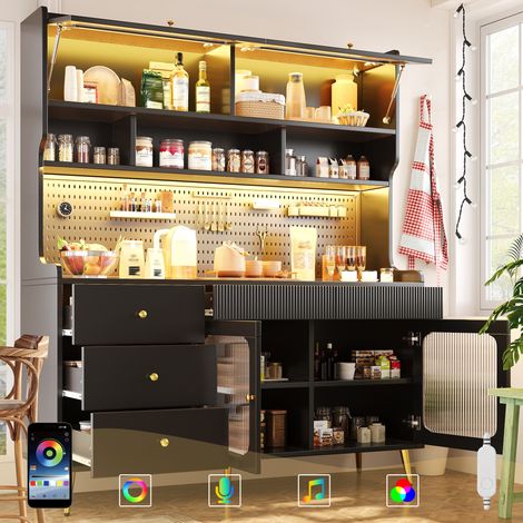 Buffet moderne avec éclairage LED et application, meuble haut et étroit pour cuisine et salon, élégant meuble de rangement avec panneau perforé, tiroir et étagères en verre, 145 x 39 x 171 cm, noir (1/5)