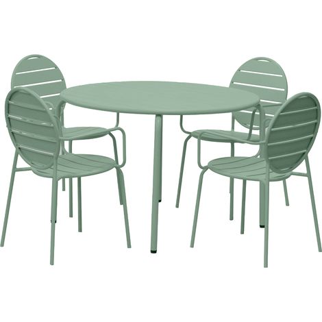 Ensemble table 110 cm + 4 fauteuils ronds en métal vert - BACA