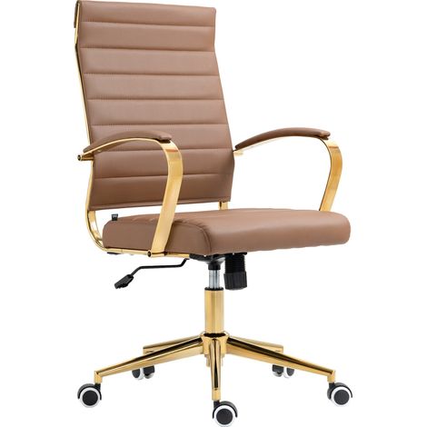 Fauteuil de bureau sur roulettes avec dossier à coutures horizontales PVC marron clair et cadre métal doré 100006923 (1/5)